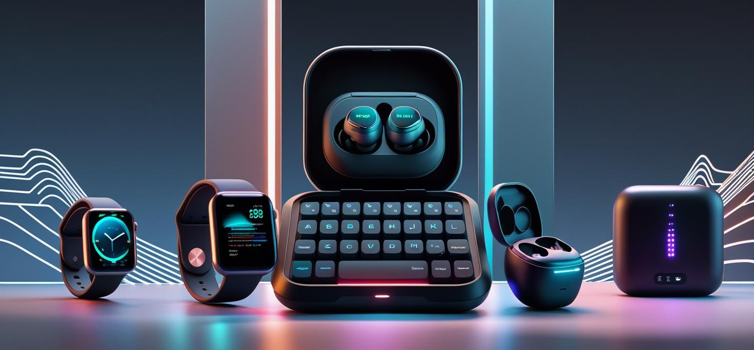 Collection of smart devices including a keyboard, earbuds, and watches on a futuristic background.